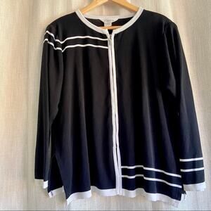 Misook Knit Cardigan Sweater Black White Front Zip Large